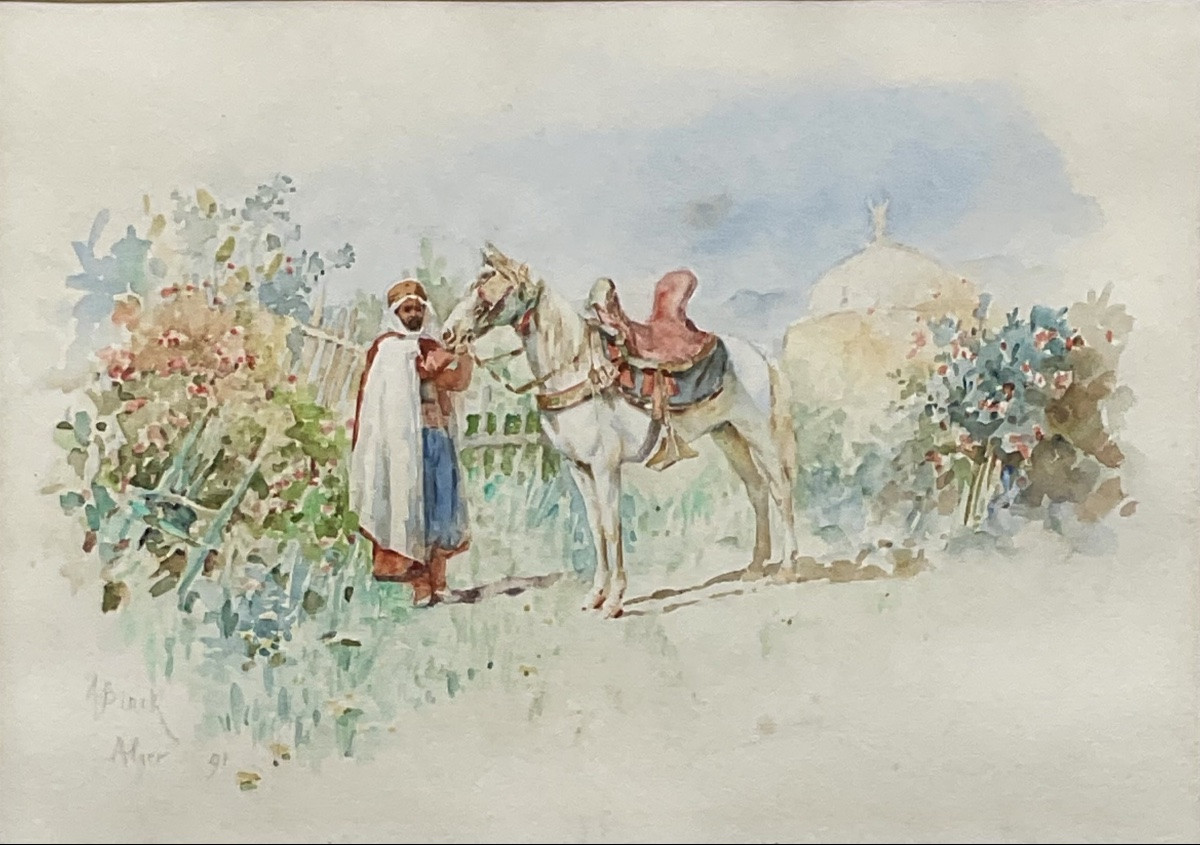 Alphonse Birck Original Orientalist Watercolor Rider And Horse Algiers 1891-photo-1