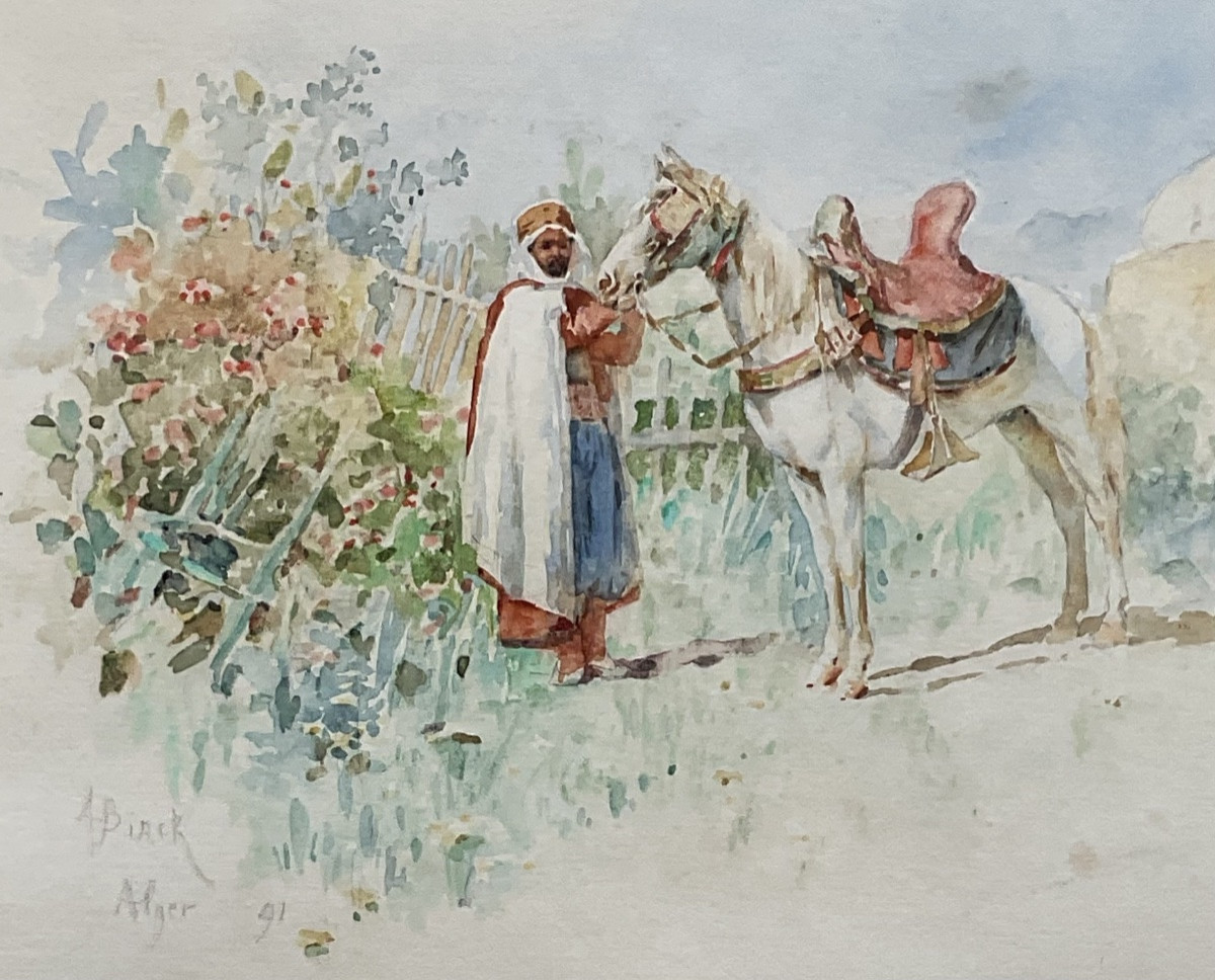 Alphonse Birck Original Orientalist Watercolor Rider And Horse Algiers 1891-photo-3