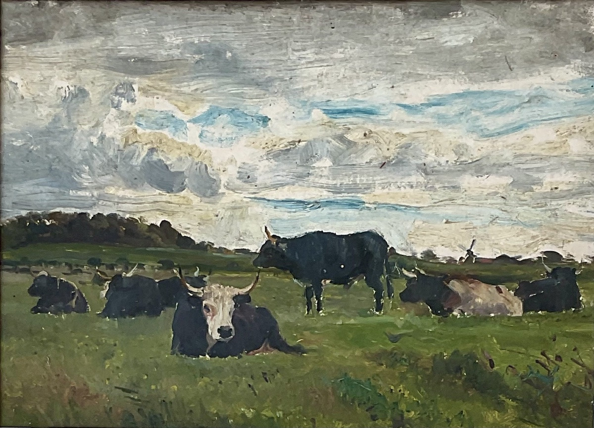French School 19th Century Dlg Eugene Boudin Painting 19th Century Cows Landscape Normandy-photo-1