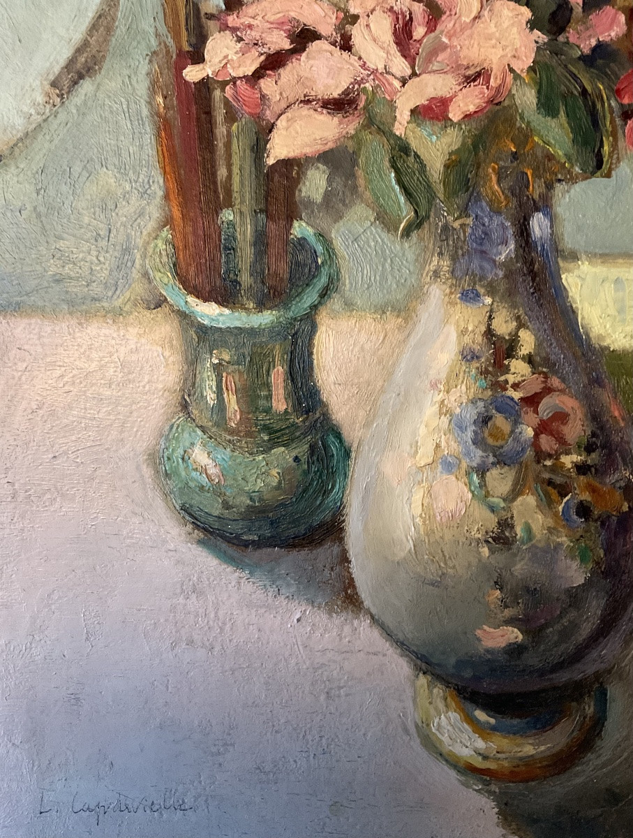 LUCIENNE CAPDEVIELLE PEINTURE 1930 NATURE MORTE AU FLEURS , LIVRES ET PINCEAUX -photo-3