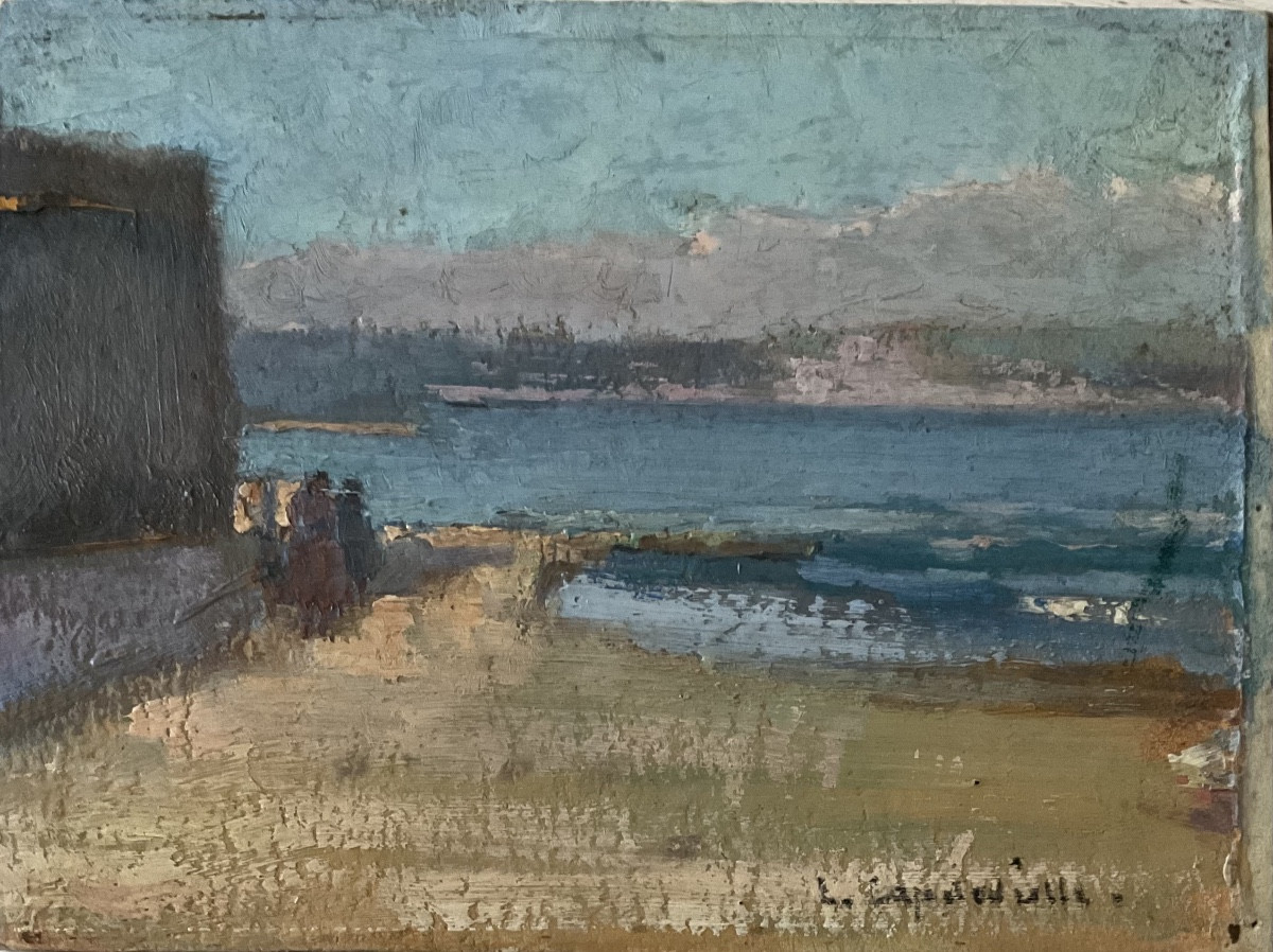 LUCIENNE CAPDEVIELLE PETIT TABLEAU PERSONNAGES BAIE D’ALGER BORD PEINTURE 1930