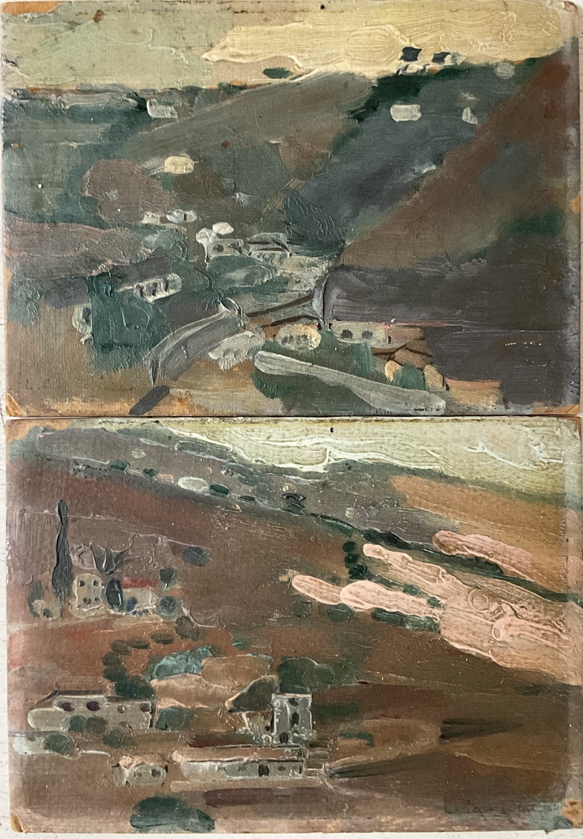 LUCIENNE CAPDEVIELLE PAIRE DE PETITS TABLEAUX PAYSAGE MONTAGNE ALGÉRIE 1920/30