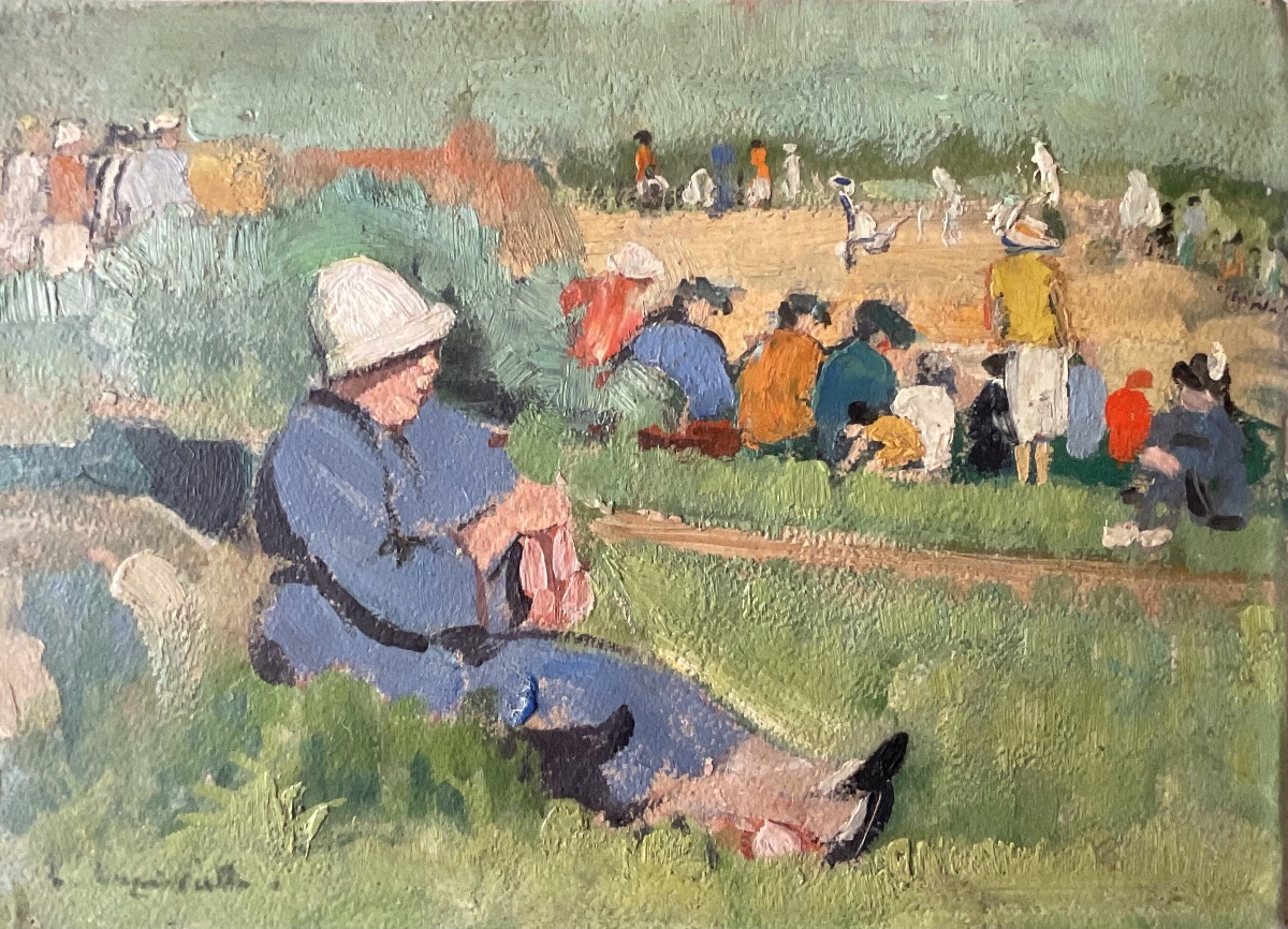 LUCIENNE CAPDEVIELLE PETIT TABLEAU 1930/40 JEU D’ÉTÉ À LA CAMPAGNE 
