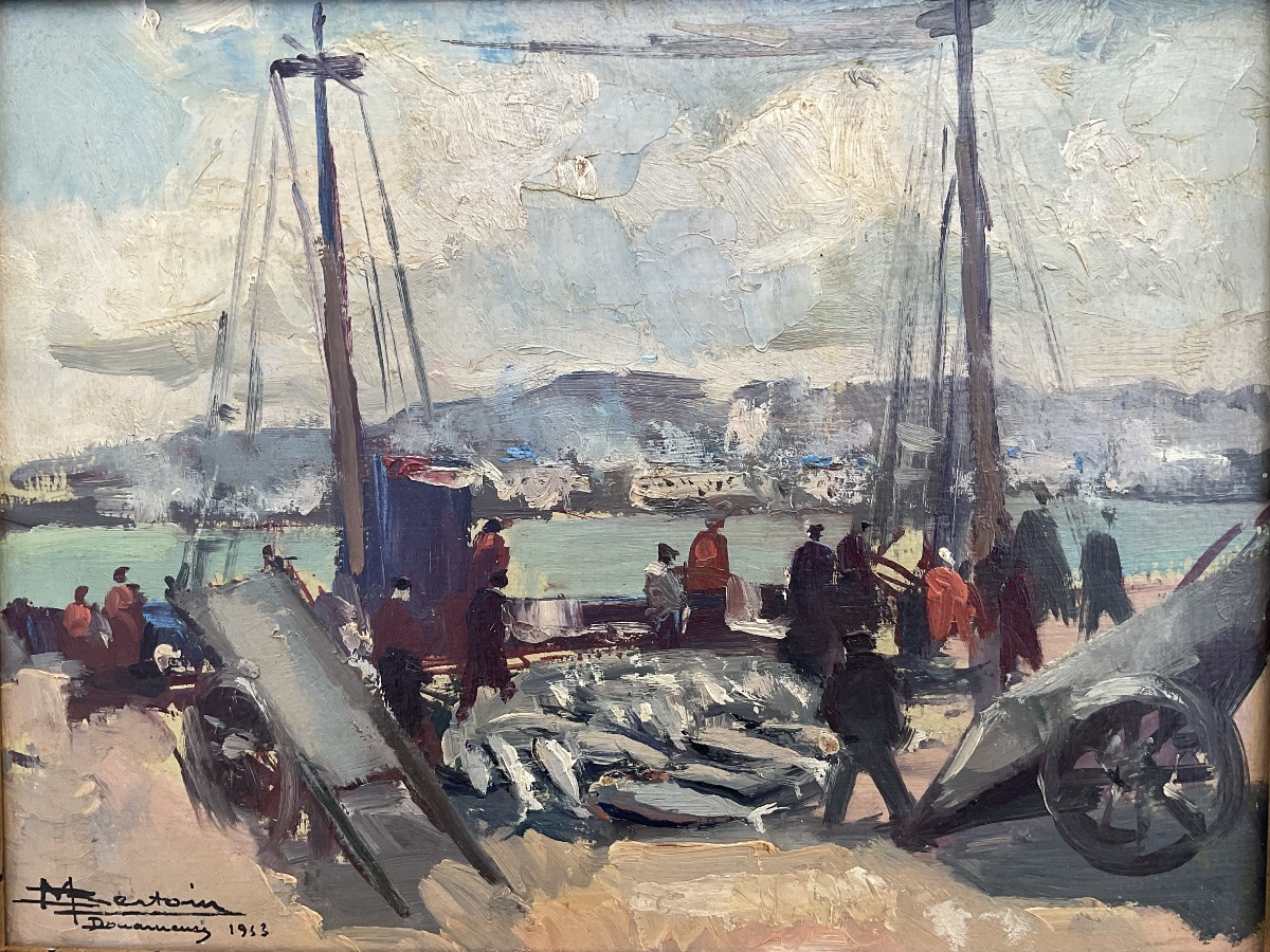 MARCEL BERTOIN TABLEAU BRETAGNE 1953 PEINTURE PÊCHEURS BATEAUX DOUARNENEZ 5F-photo-1