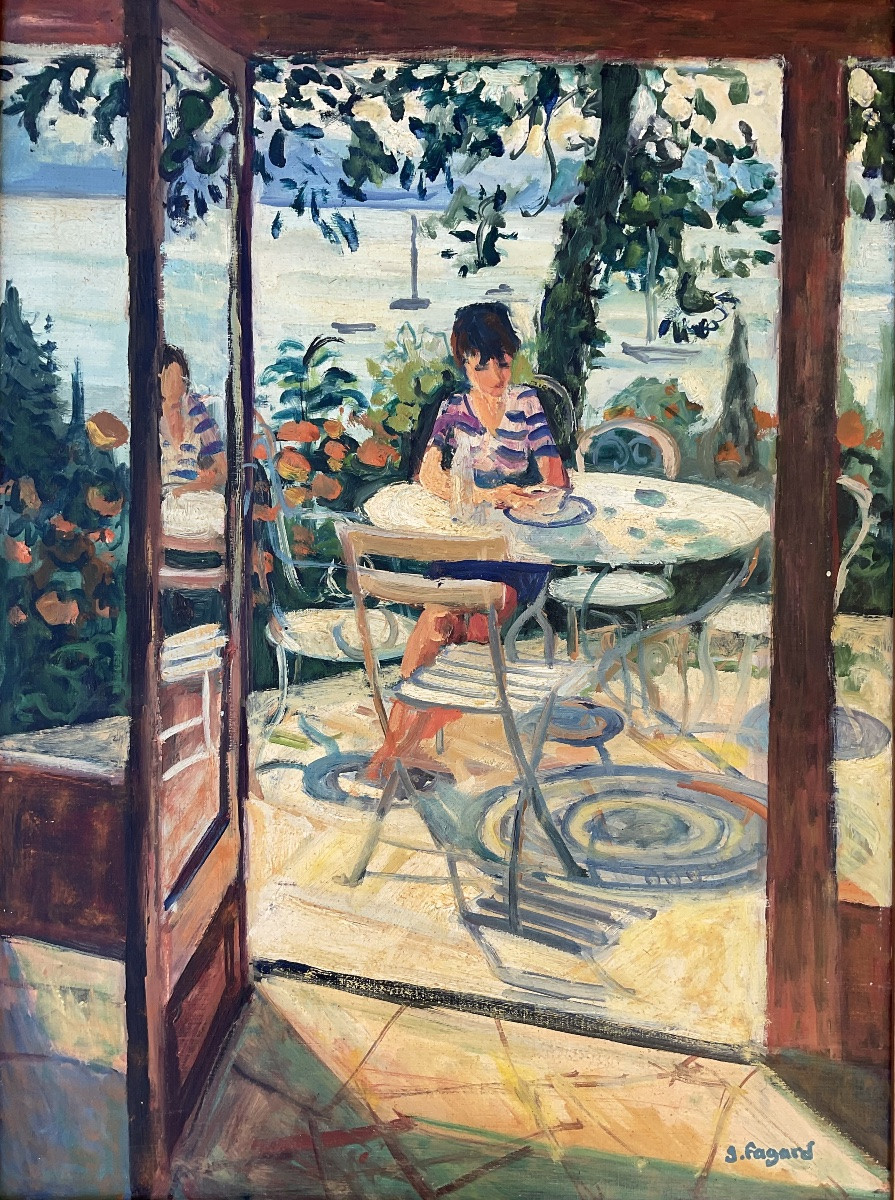 GÉRARD FAGARD GRAND TABLEAU PETIT DÉJEUNER AU SOLEIL PAYSAGE DU SUD DIM 25P-photo-1