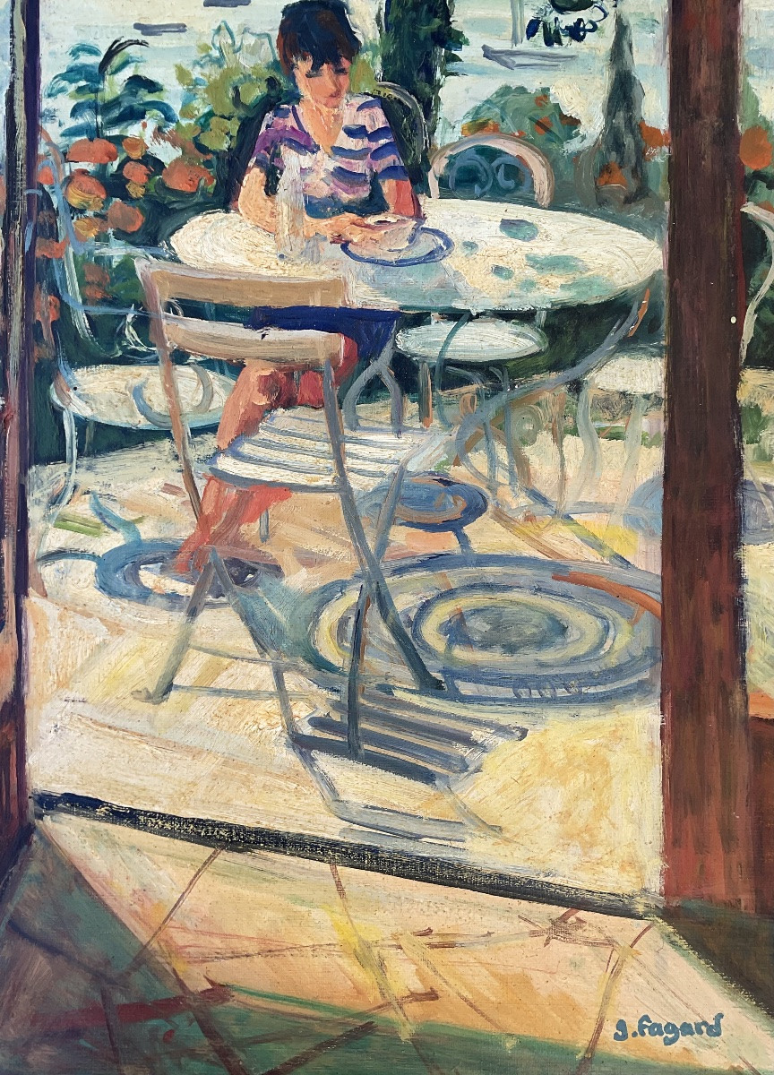 GÉRARD FAGARD GRAND TABLEAU PETIT DÉJEUNER AU SOLEIL PAYSAGE DU SUD DIM 25P-photo-3