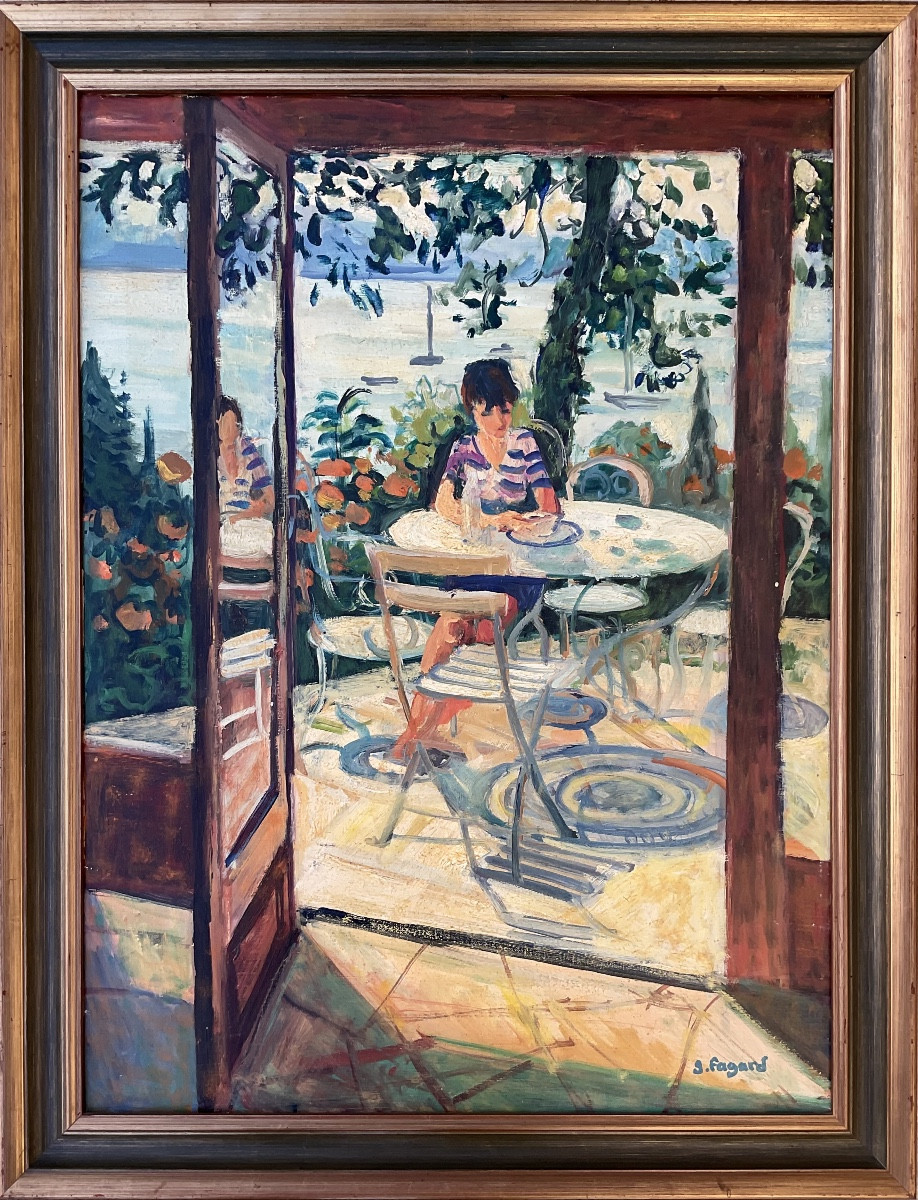 GÉRARD FAGARD GRAND TABLEAU PETIT DÉJEUNER AU SOLEIL PAYSAGE DU SUD DIM 25P