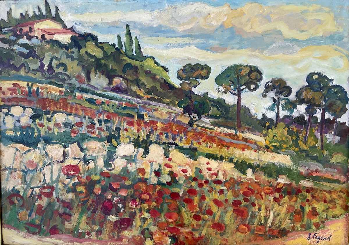 GÉRARD FAGARD GRAND TABLEAU 30P PAYSAGE SANARY SUR MER PEINTURE 92 x 65 cm-photo-1
