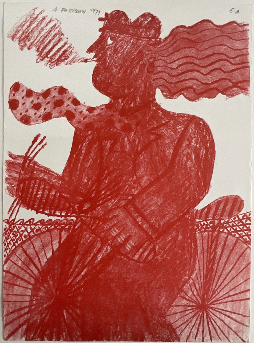 Alekos Fassianos Lithographie Originale 1971 Le cycliste Rouge Épreuve d’Artiste 