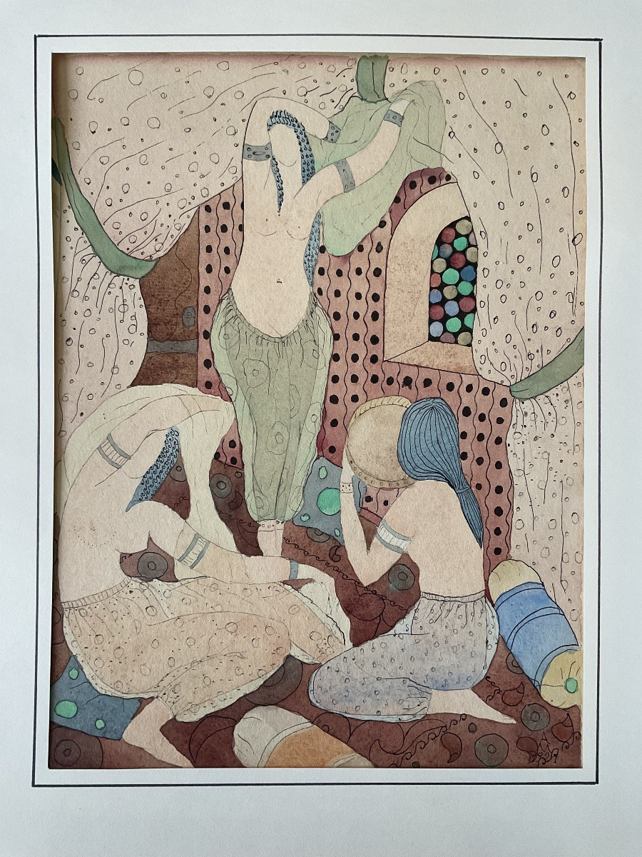 Beautiful Orientalist Watercolor Of 3 Women In A Harem, Signed Am 1892 -photo-1
