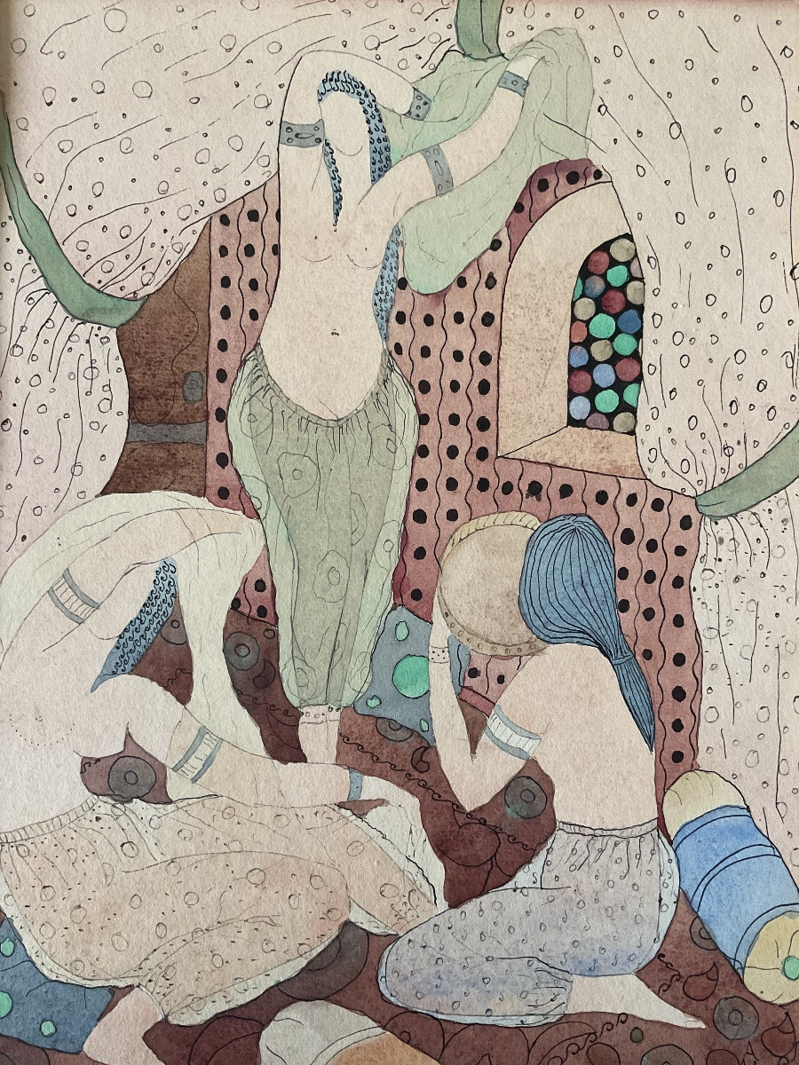 Beautiful Orientalist Watercolor Of 3 Women In A Harem, Signed Am 1892 -photo-2