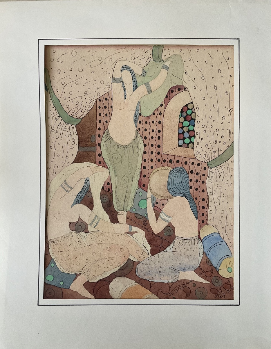 Beautiful Orientalist Watercolor Of 3 Women In A Harem, Signed Am 1892 