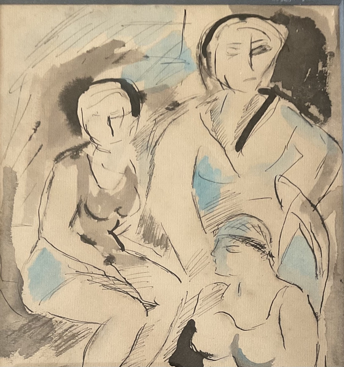 RARE DESSIN ENCRE ET AQUARELLE ORIGINALE  1930  LES 3 BAIGNEUSES  ART DECO-photo-2