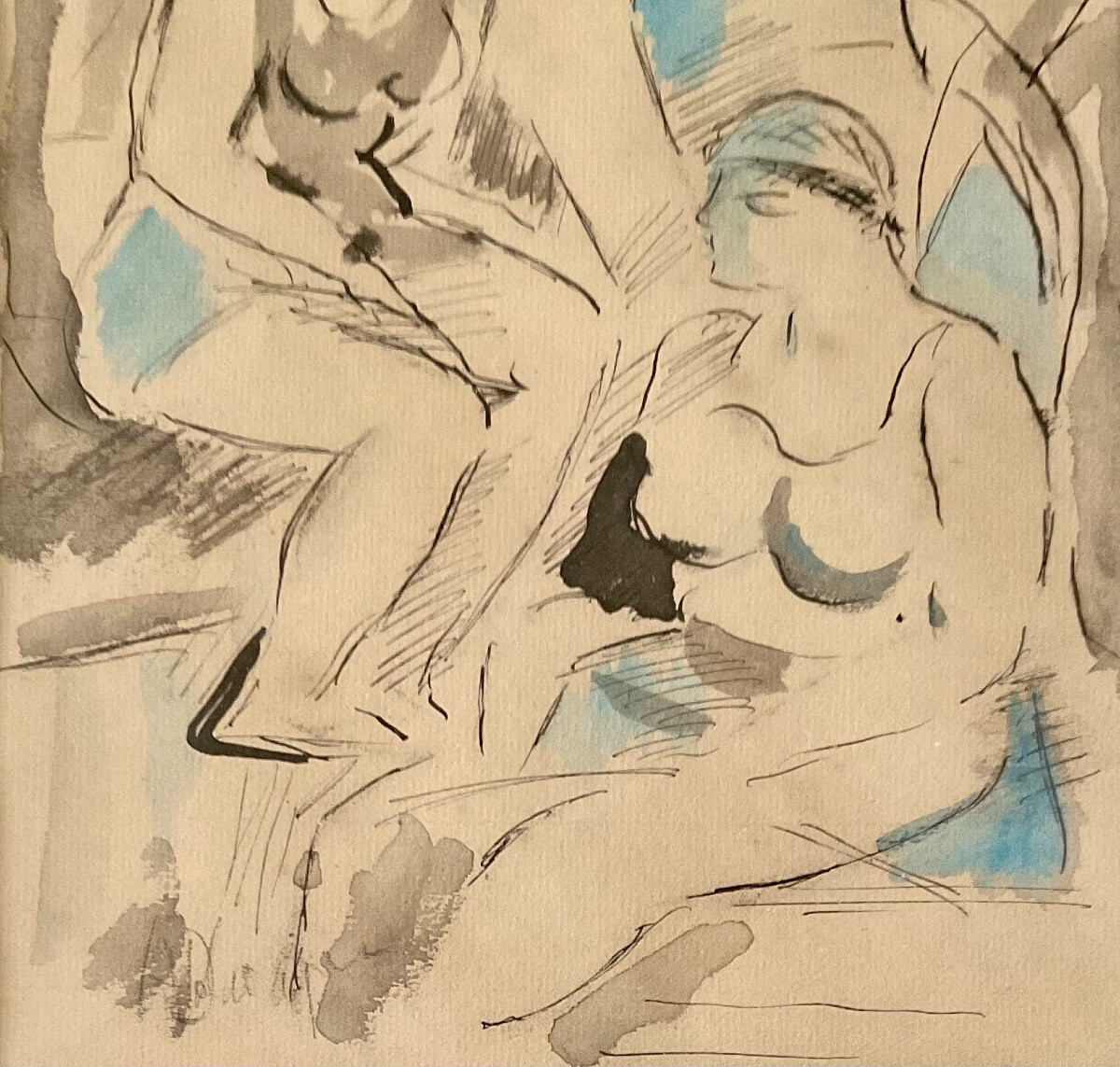 RARE DESSIN ENCRE ET AQUARELLE ORIGINALE  1930  LES 3 BAIGNEUSES  ART DECO-photo-3