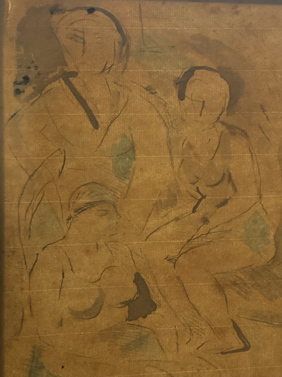 RARE DESSIN ENCRE ET AQUARELLE ORIGINALE  1930  LES 3 BAIGNEUSES  ART DECO-photo-5