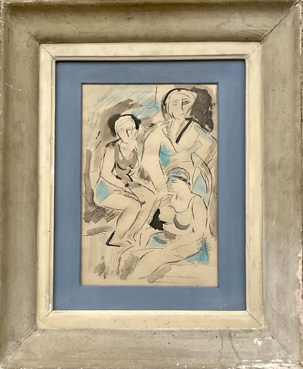 RARE DESSIN ENCRE ET AQUARELLE ORIGINALE  1930  LES 3 BAIGNEUSES  ART DECO