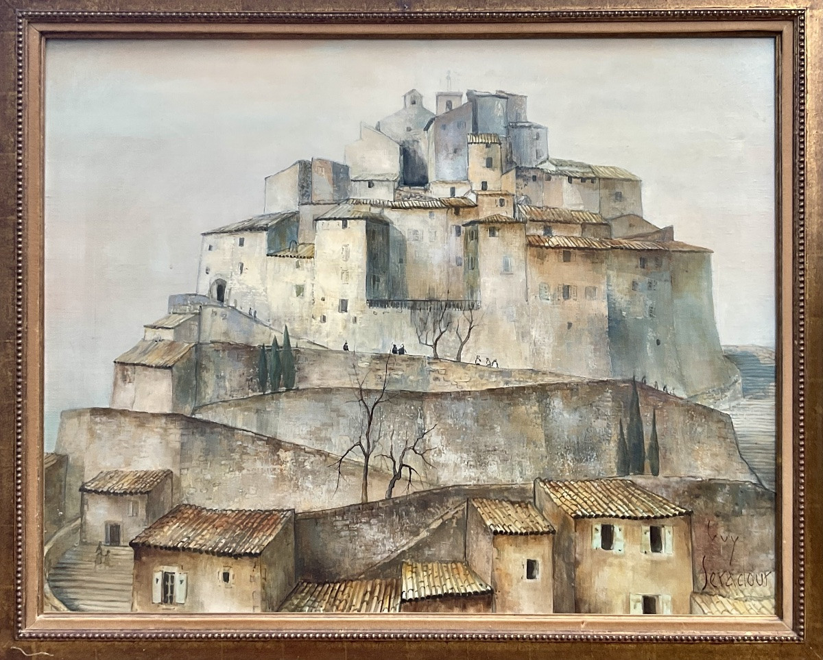 Guy Seradour Large Painting Southern Landscape Village Coursegoules Alpes Maritimes 30f-photo-1
