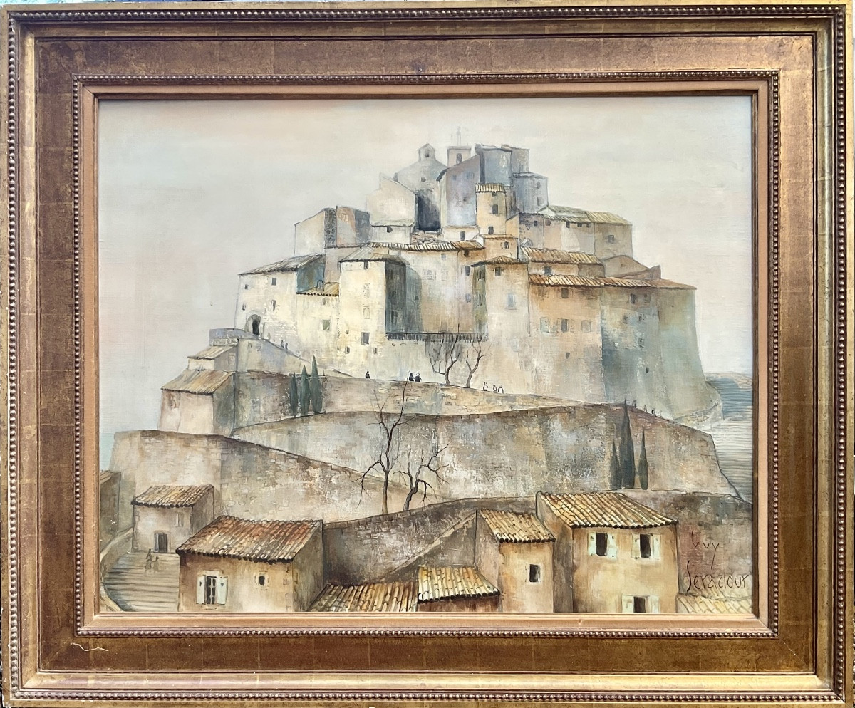 Guy Seradour Large Painting Southern Landscape Village Coursegoules Alpes Maritimes 30f