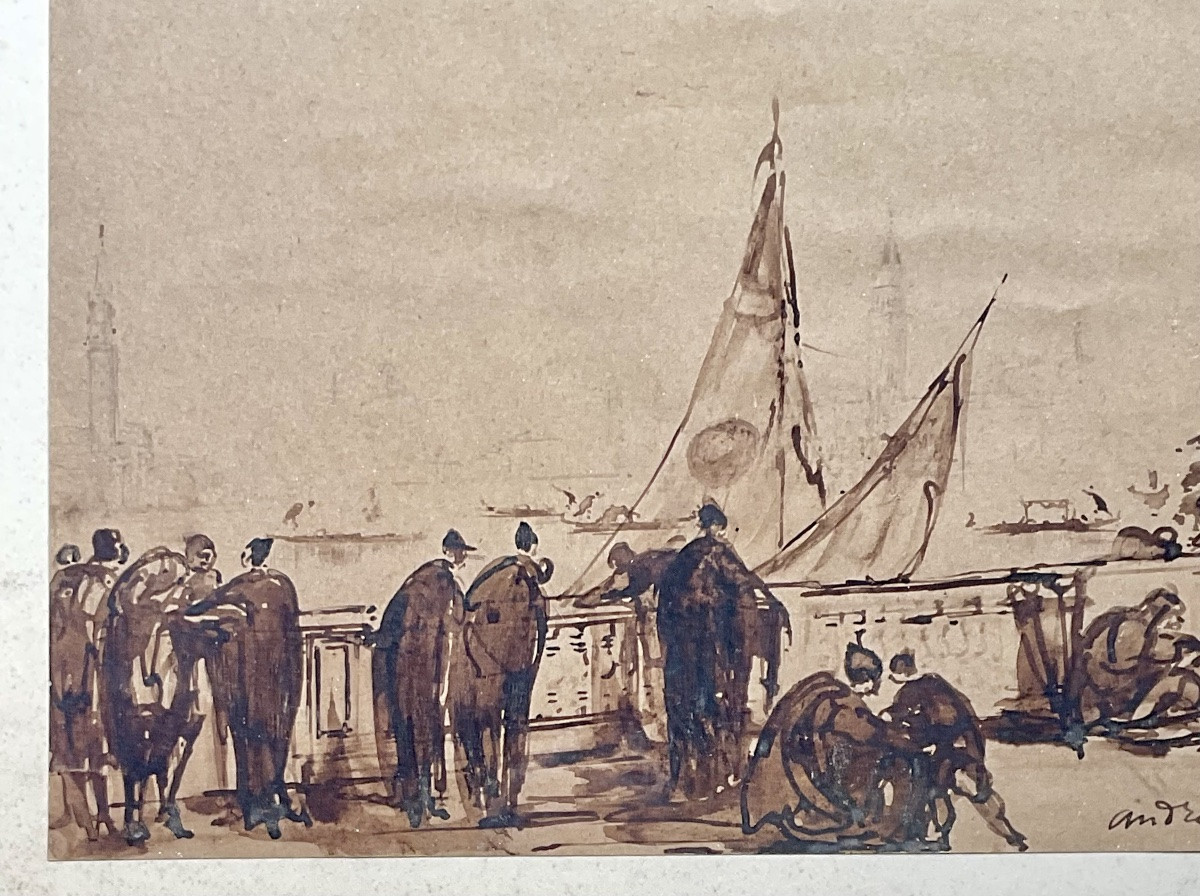 ANDRÉ MAIRE CANAL VENISE GONDOLIERS 1925 ŒUVRE ORIGINALE AQUARELLE ET ENCRE -photo-3