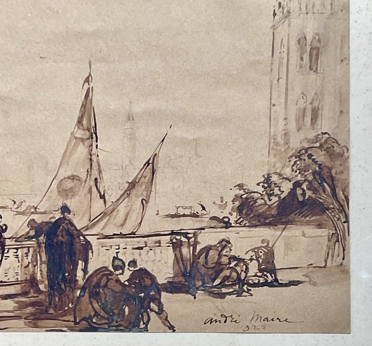 ANDRÉ MAIRE CANAL VENISE GONDOLIERS 1925 ŒUVRE ORIGINALE AQUARELLE ET ENCRE -photo-4