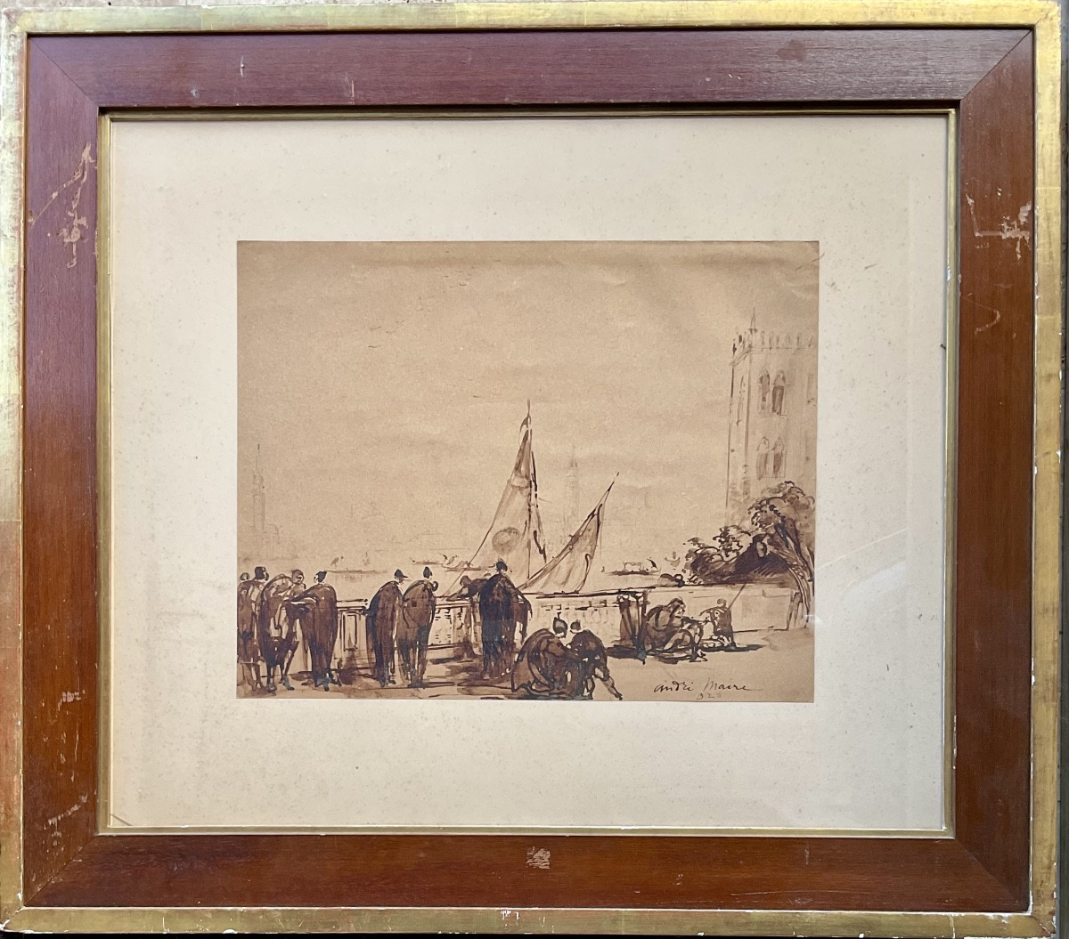 ANDRÉ MAIRE CANAL VENISE GONDOLIERS 1925 ŒUVRE ORIGINALE AQUARELLE ET ENCRE 