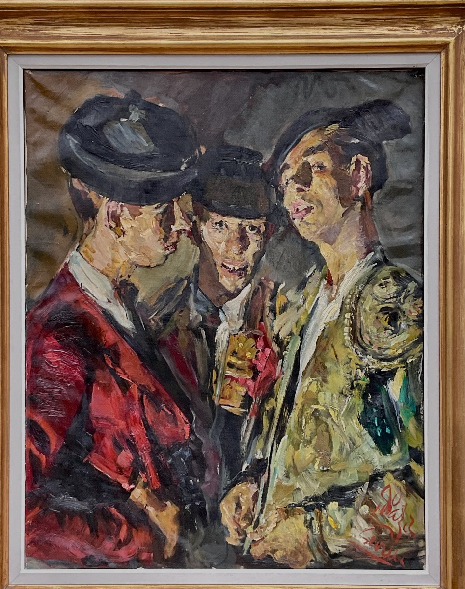 GRAND TABLEAU PORTRAITS LES 3 TOREROS TAUROMACHIE SÉVILLE 1950/60 PEINTURE QUALITÉ +-photo-1