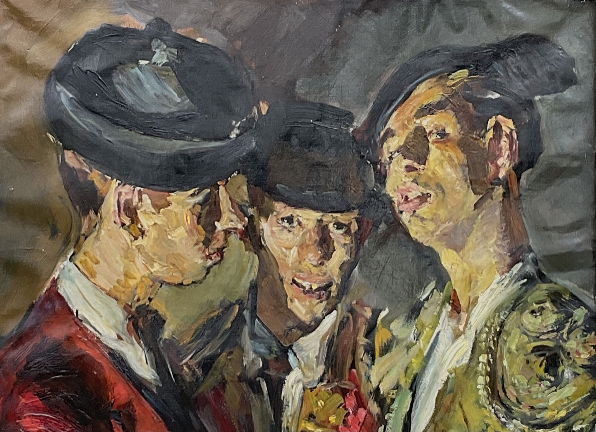 GRAND TABLEAU PORTRAITS LES 3 TOREROS TAUROMACHIE SÉVILLE 1950/60 PEINTURE QUALITÉ +-photo-3
