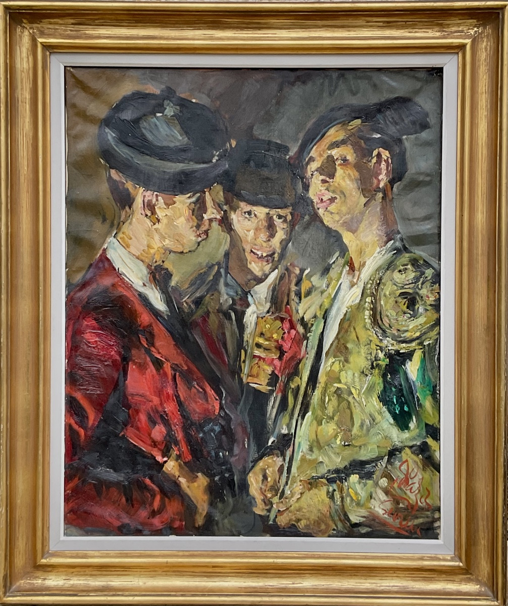 GRAND TABLEAU PORTRAITS LES 3 TOREROS TAUROMACHIE SÉVILLE 1950/60 PEINTURE QUALITÉ +