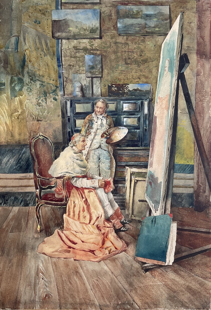 EDOARDO GIOJA RARE AQUARELLE ORIGINALE 1900 L’ARTISTE ET SON MODÈLE HOMME D’EGLISE-photo-2