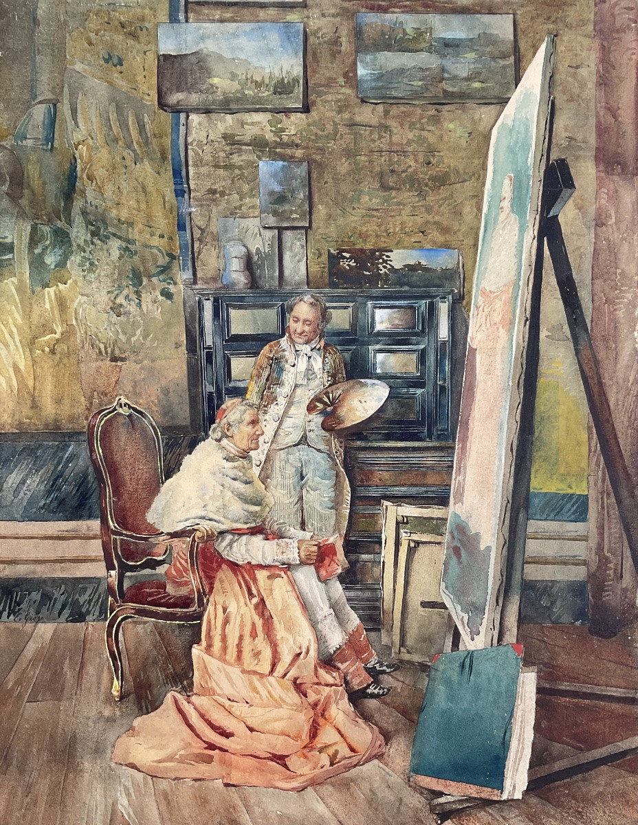 EDOARDO GIOJA RARE AQUARELLE ORIGINALE 1900 L’ARTISTE ET SON MODÈLE HOMME D’EGLISE-photo-1