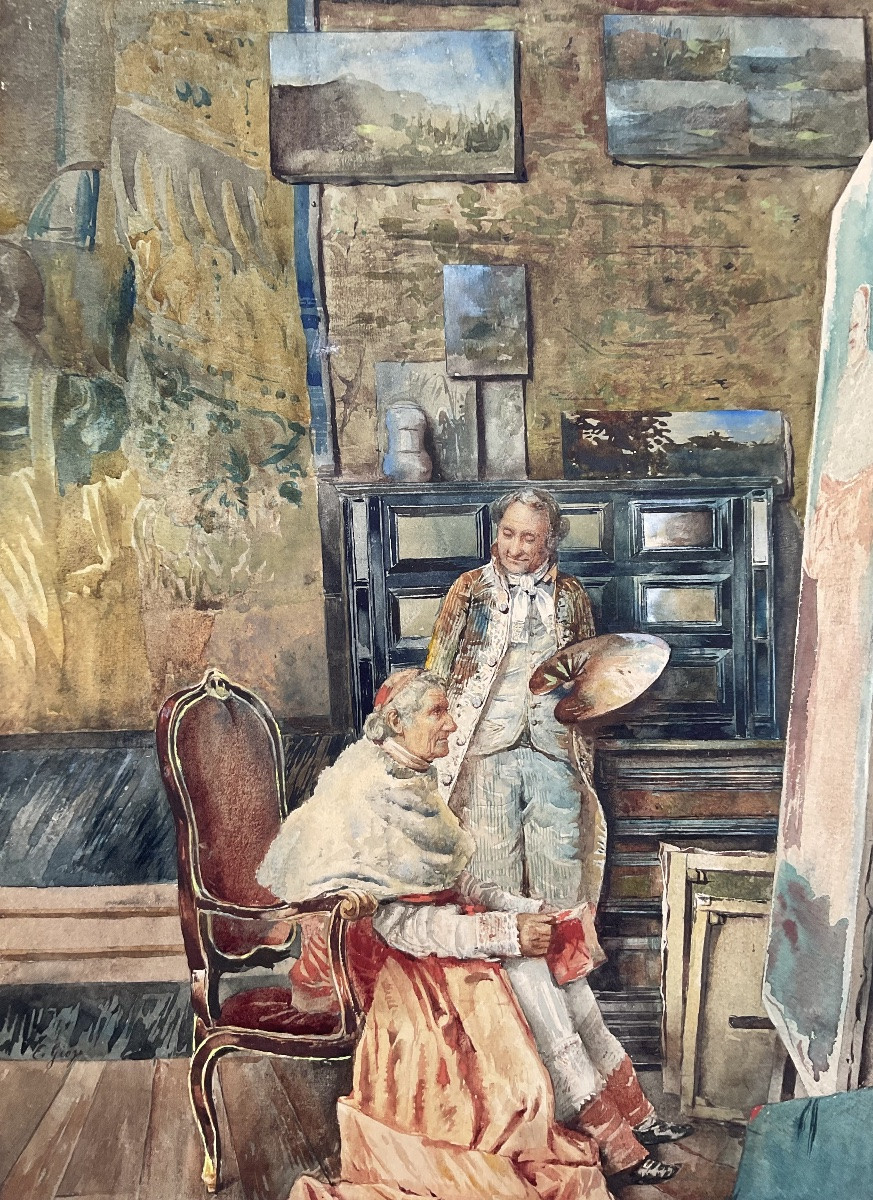 EDOARDO GIOJA RARE AQUARELLE ORIGINALE 1900 L’ARTISTE ET SON MODÈLE HOMME D’EGLISE-photo-2
