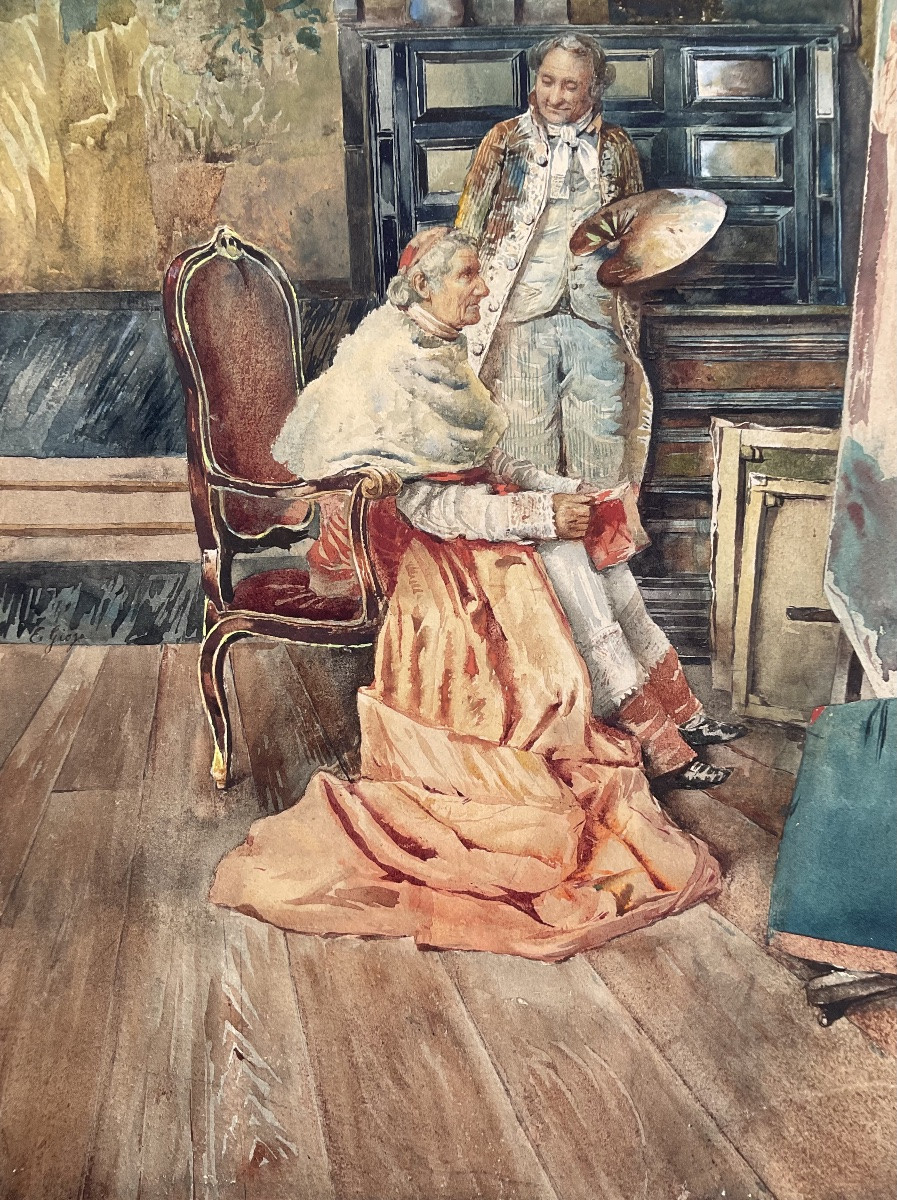 EDOARDO GIOJA RARE AQUARELLE ORIGINALE 1900 L’ARTISTE ET SON MODÈLE HOMME D’EGLISE-photo-4