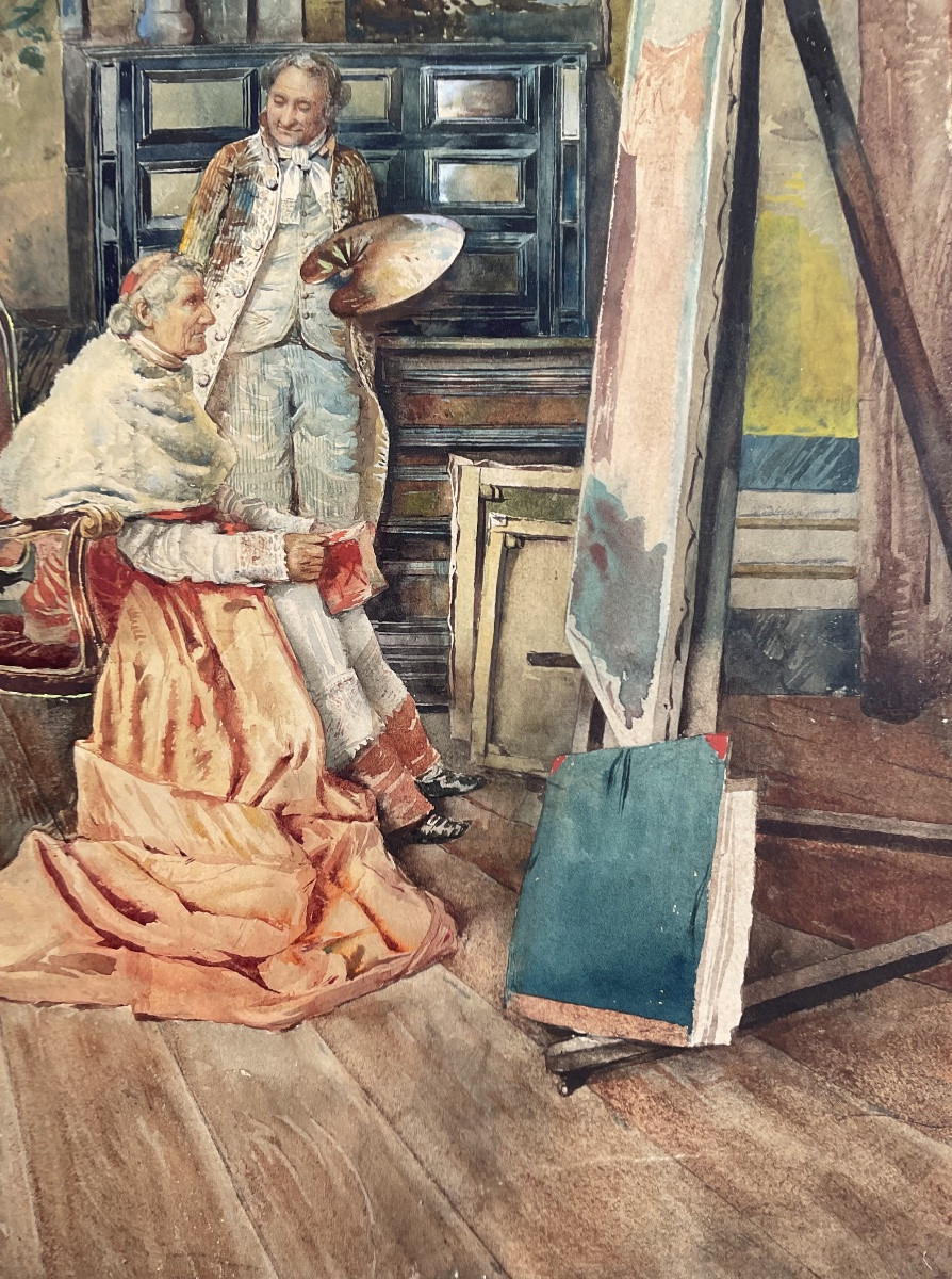 EDOARDO GIOJA RARE AQUARELLE ORIGINALE 1900 L’ARTISTE ET SON MODÈLE HOMME D’EGLISE-photo-5