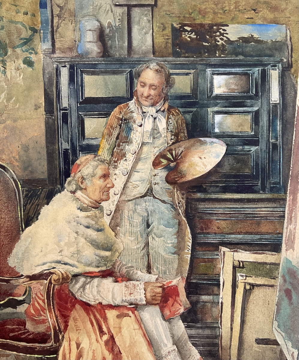 EDOARDO GIOJA RARE AQUARELLE ORIGINALE 1900 L’ARTISTE ET SON MODÈLE HOMME D’EGLISE-photo-6