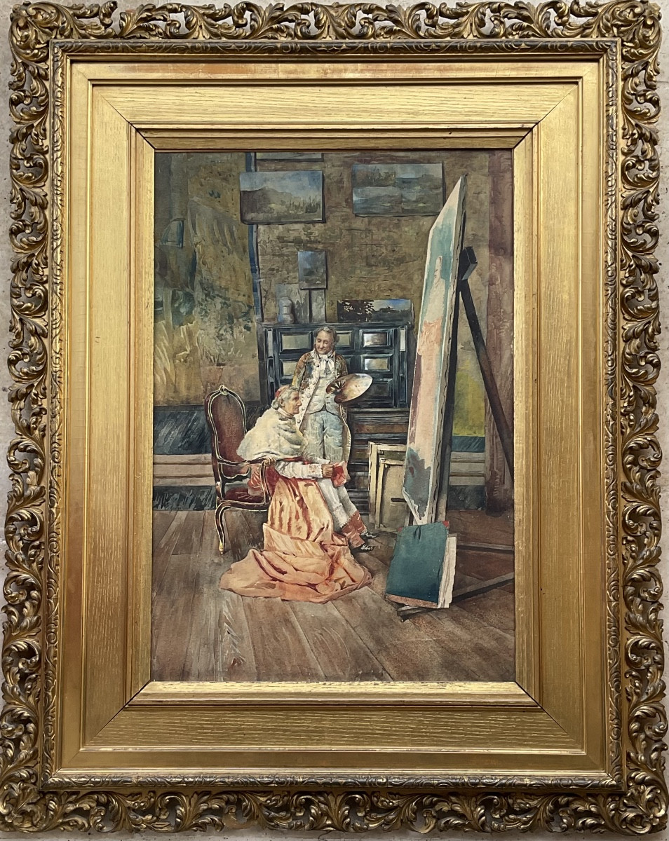 EDOARDO GIOJA RARE AQUARELLE ORIGINALE 1900 L’ARTISTE ET SON MODÈLE HOMME D’EGLISE