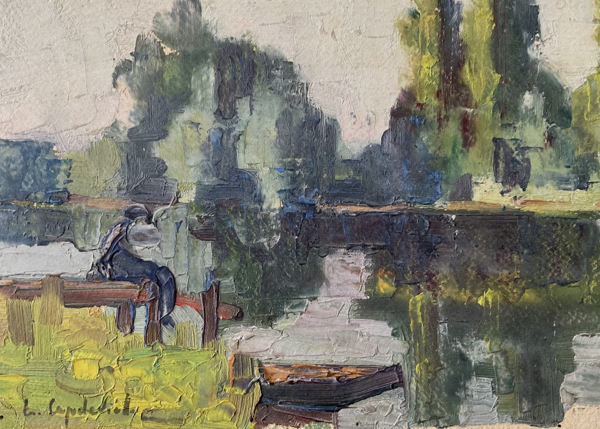 Lucienne Capdevielle Fisherman And Boat By The River Painting 1930/40-photo-1