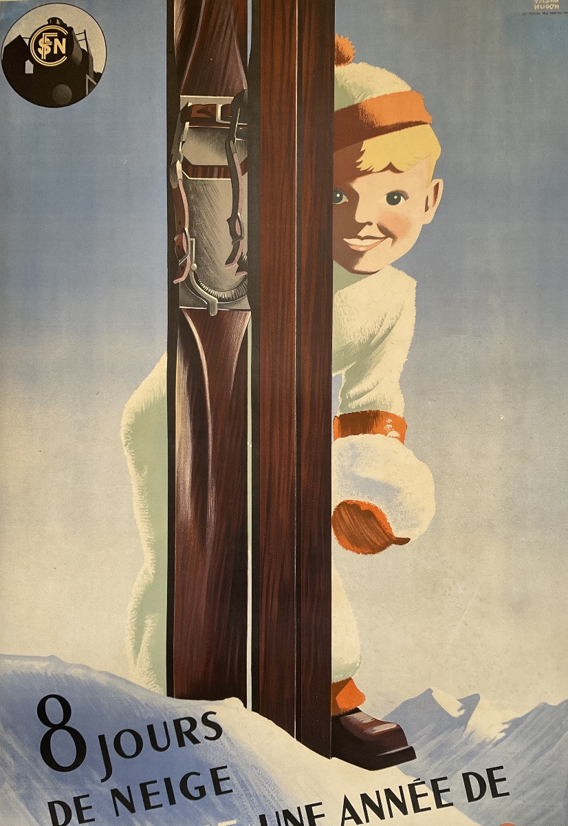 Roland Hugon Vintage Litho Poster 1938 Sncf 8 Days Of Snow Skiing Mountain Skiing-photo-4
