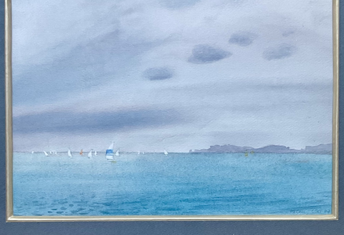 Michel Ciry Beautiful Original Watercolor Boats At Sea Regatta Sailing Boats Normandy-photo-1