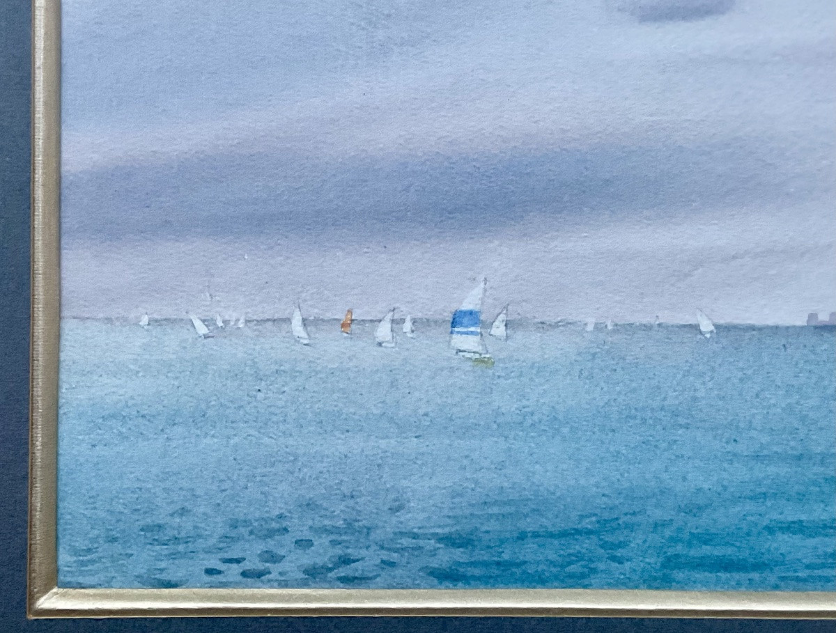 Michel Ciry Beautiful Original Watercolor Boats At Sea Regatta Sailing Boats Normandy-photo-2