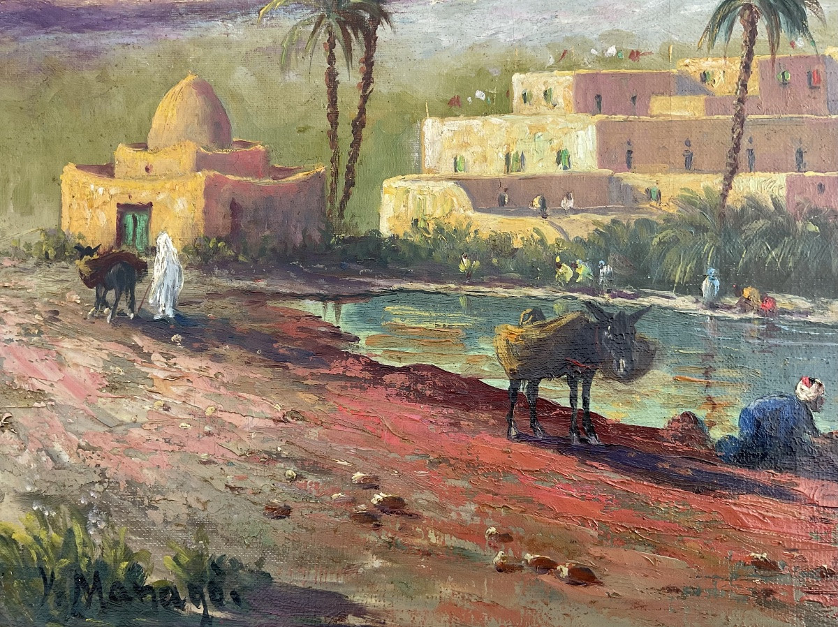 VINCENT MANAGO TABLEAU ŒUVRE ORIENTALISTE 1910/20 PAYSAGE LAVANDIÈRES BORD DE RIVIÈRE -photo-5