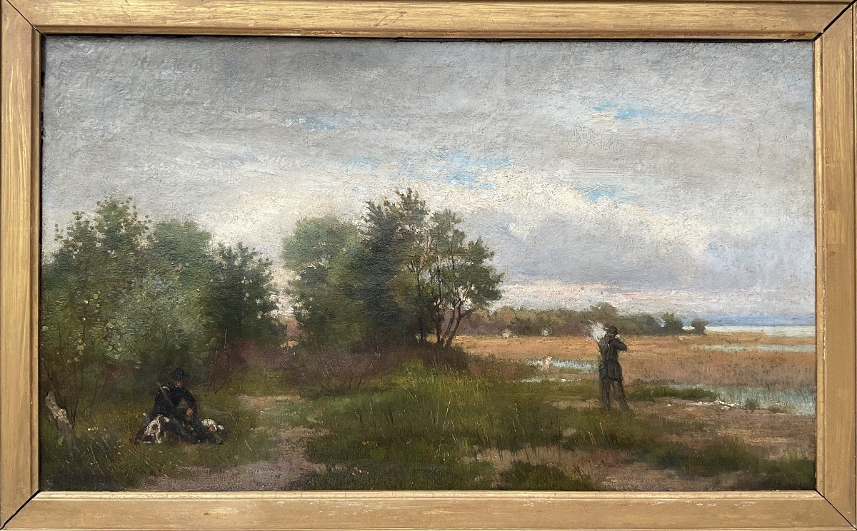 Auguste Bachelin Painting 19th Century Lake Neuchatel Hunting Scene Swiss Landscape -photo-2