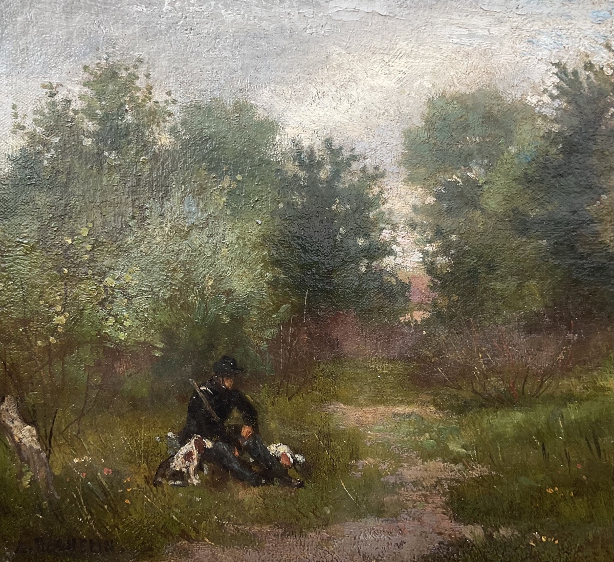 Auguste Bachelin Painting 19th Century Lake Neuchatel Hunting Scene Swiss Landscape -photo-2