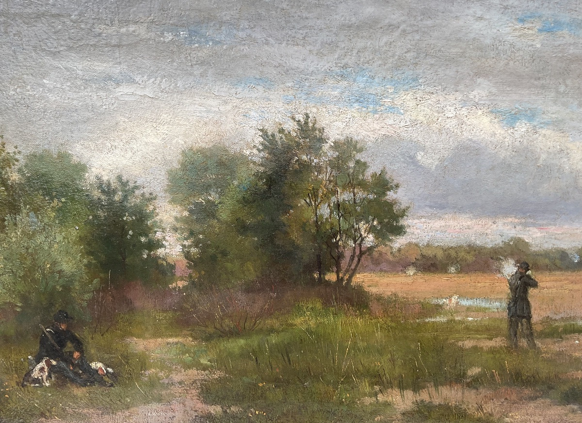 Auguste Bachelin Painting 19th Century Lake Neuchatel Hunting Scene Swiss Landscape -photo-3