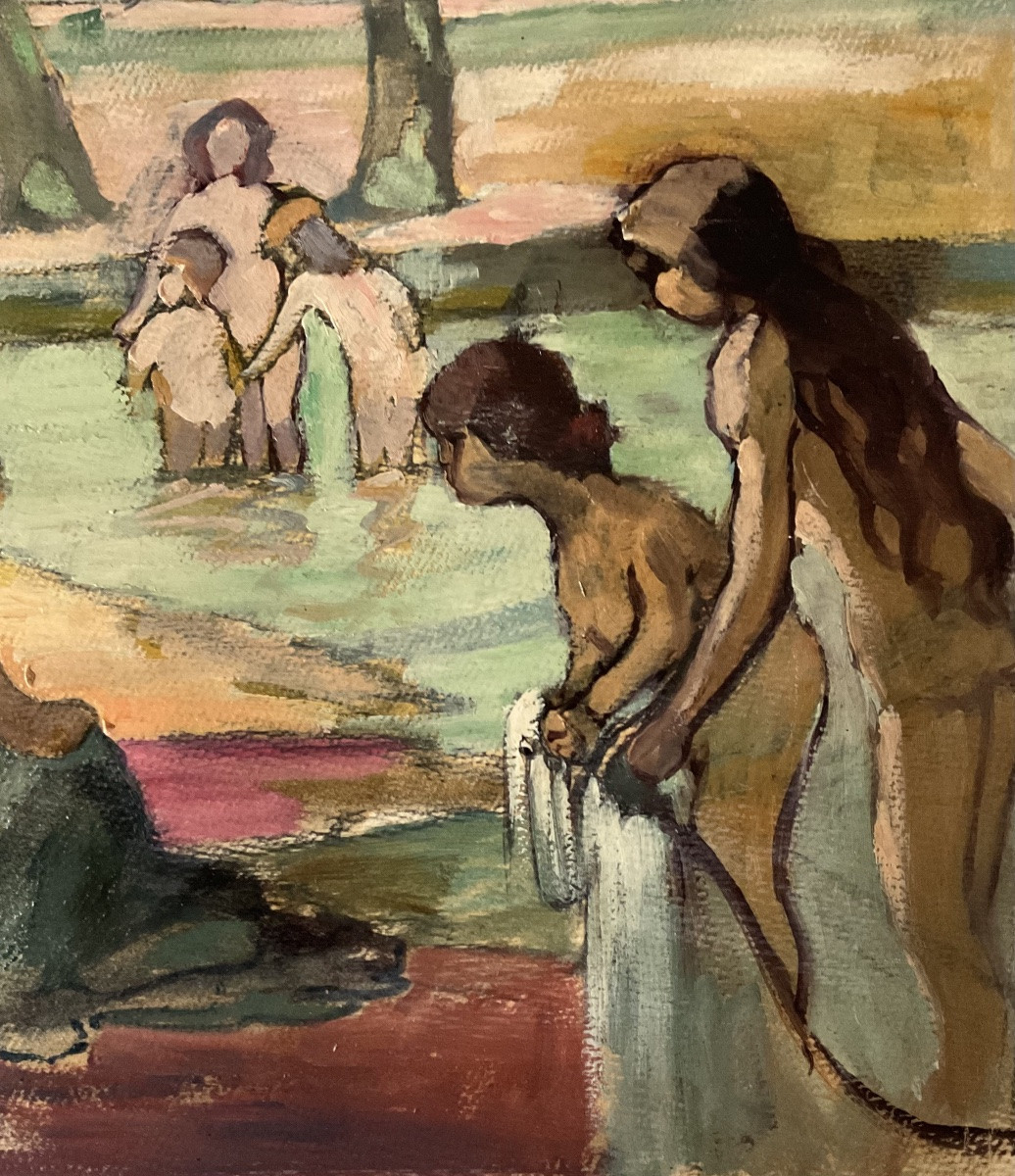 LUCIENNE CAPDEVIELLE PEINTURE 1920 FEMMES GITANES ET ENFANTS BAIGNADE AU LAC -photo-3