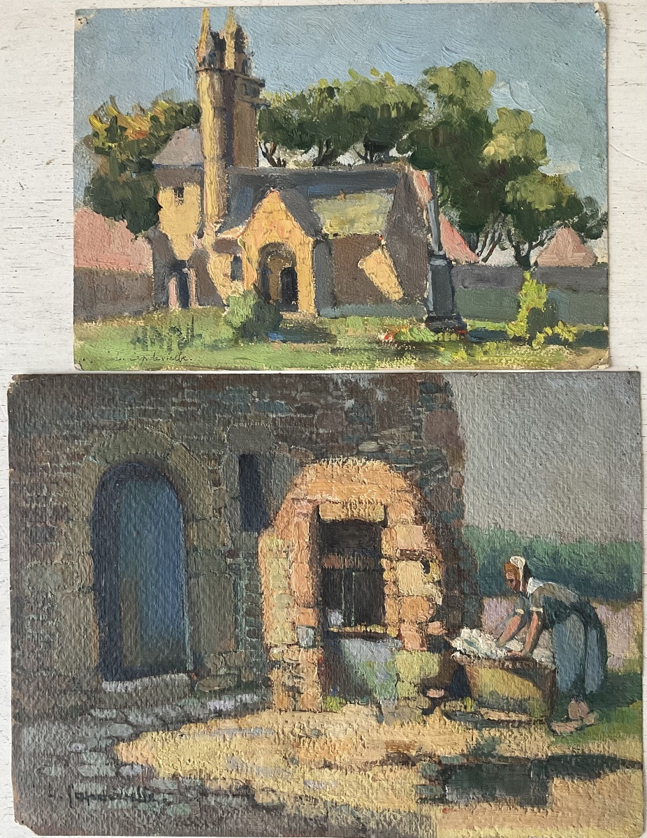 Lucienne Capdevielle Lot Of 3 Paintings 1920 Subjects Of Brittany -photo-2