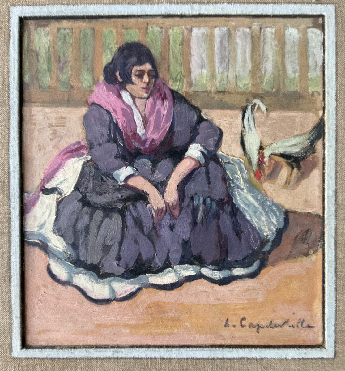 LUCIENNE CAPDEVIELLE PEINTURE 1920 FEMME GITANE PRÈS DES POULES -photo-2