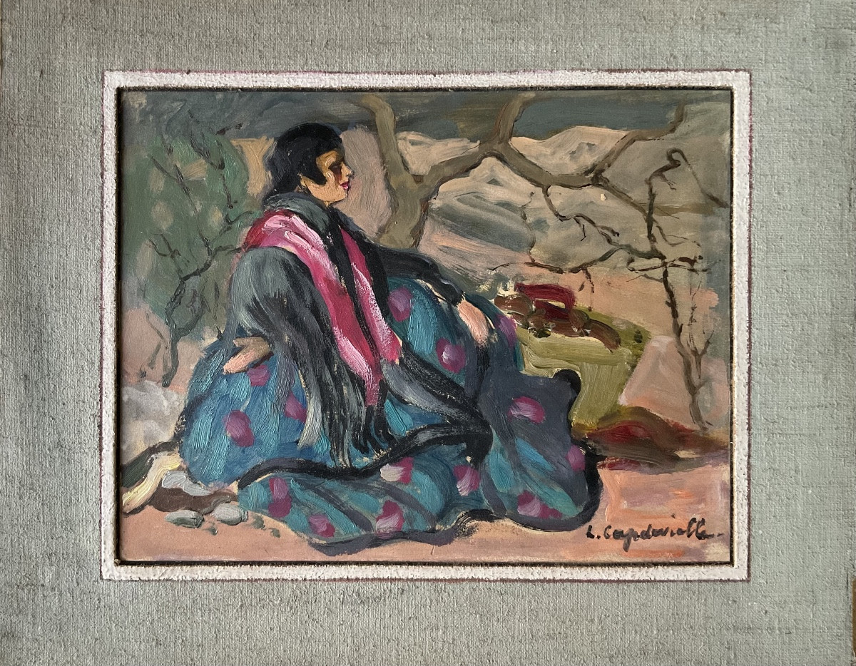 Lucienne Capdevielle Painting 1920 Sitting Gypsy Landscape 