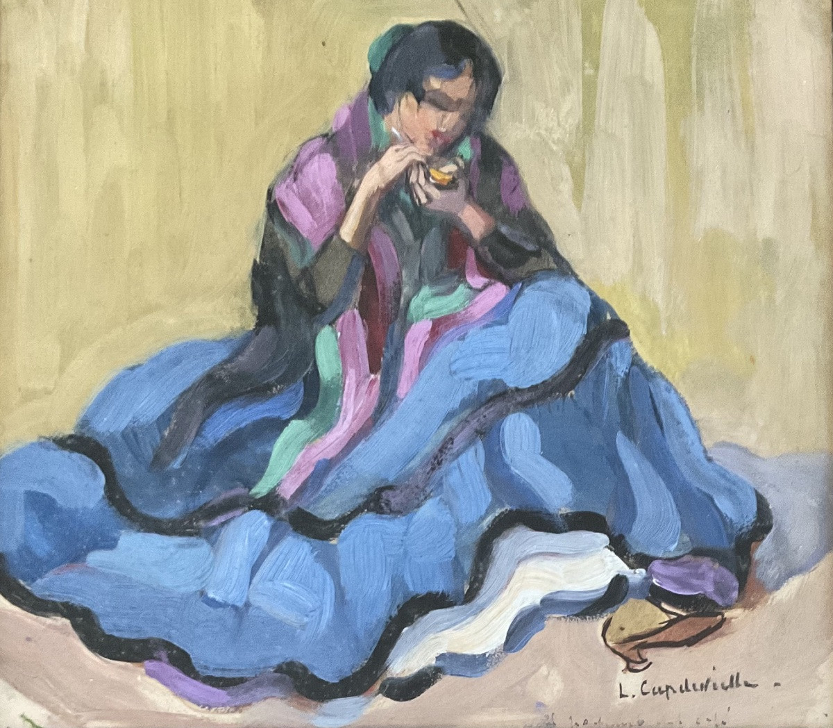 Lucienne Capdevielle Painting 1920 Gypsy Woman Embroidering Travelling People -photo-3