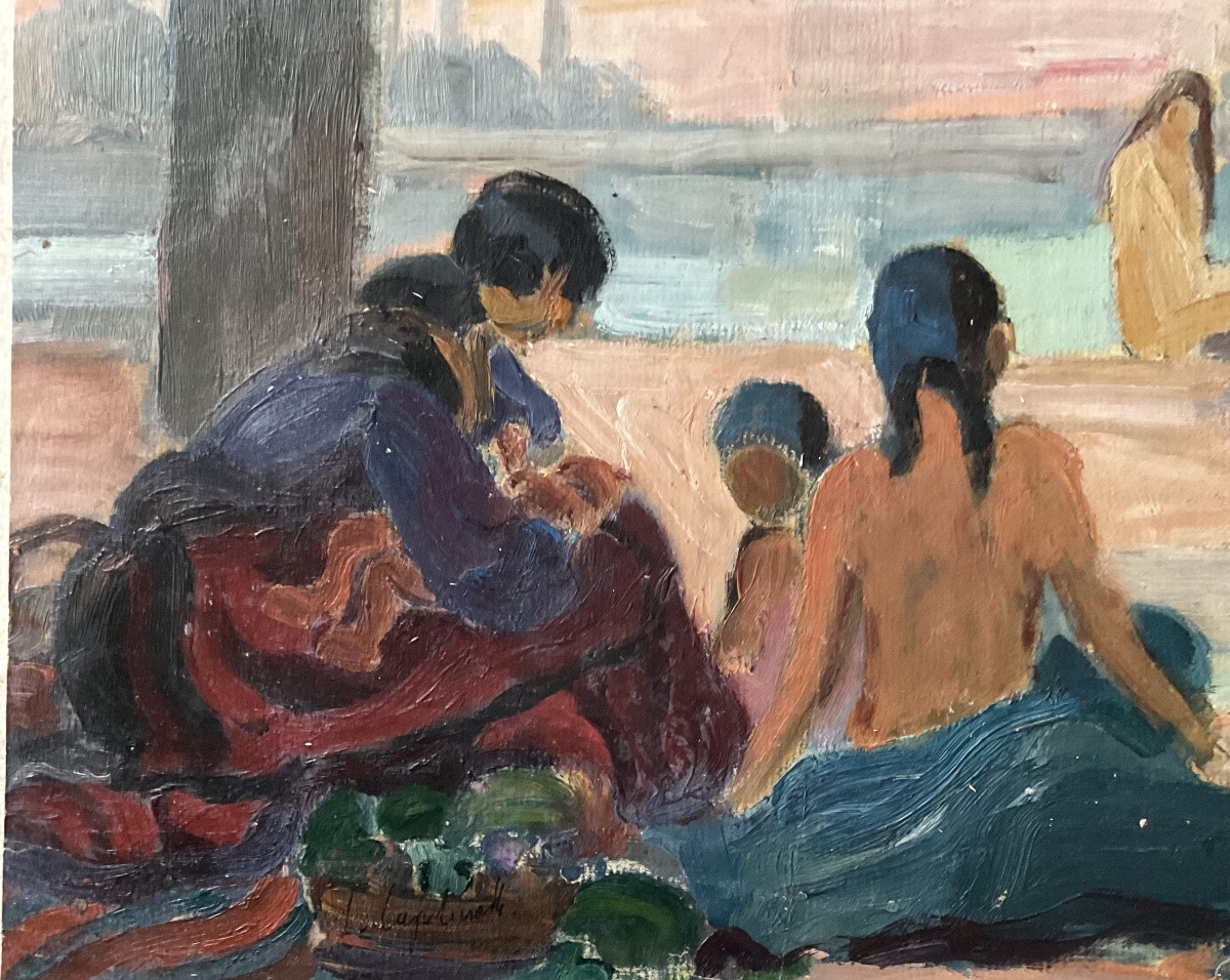 LUCIENNE CAPDEVIELLE PEINTURE 1920 FEMMES GITANES ET ENFANTS BAIGNADE AU LAC --photo-3