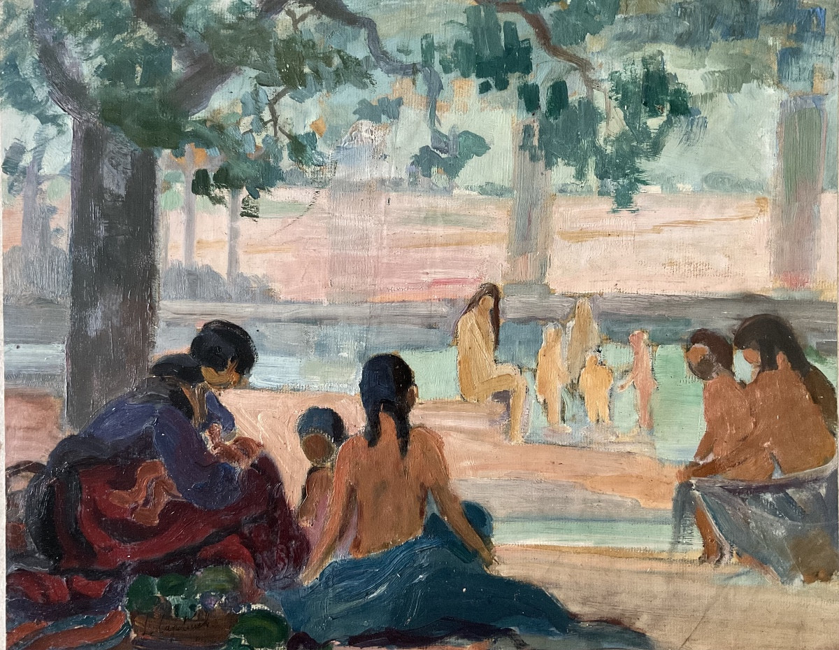 LUCIENNE CAPDEVIELLE PEINTURE 1920 FEMMES GITANES ET ENFANTS BAIGNADE AU LAC -